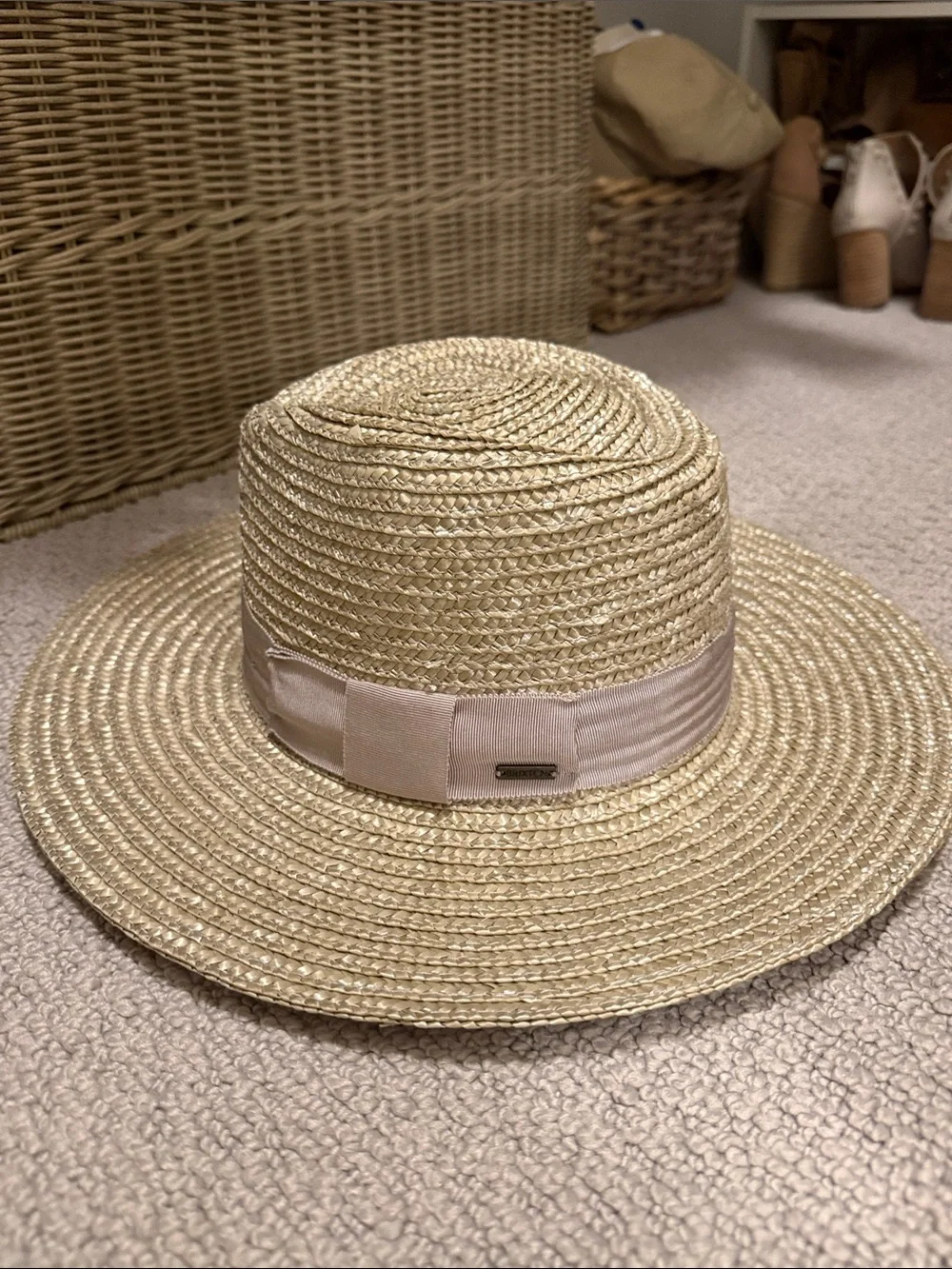 Straw Sun Hat by Brixton silver, grey Ribbon